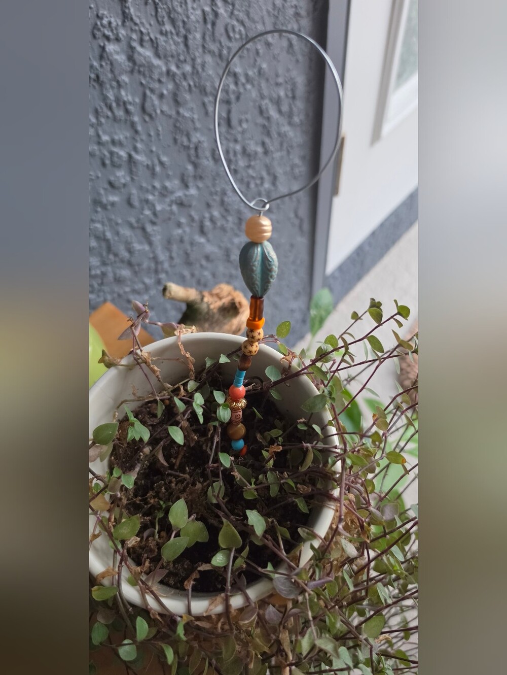 Handmade Beaded Plant Stick, Plant Decor Turquoise, Coral & Wood. Boho Vibes